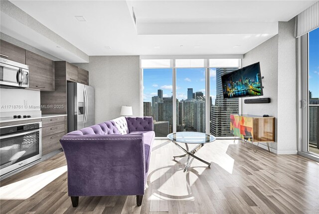 living room featuring floor to ceiling windows and light hardwood / wood-style flooring