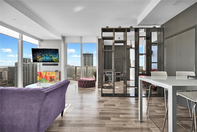 living room featuring a wealth of natural light, wood-type flooring, and expansive windows