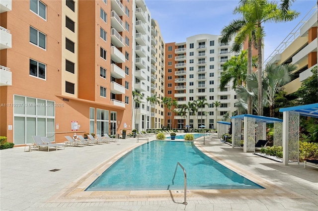 view of swimming pool featuring a patio