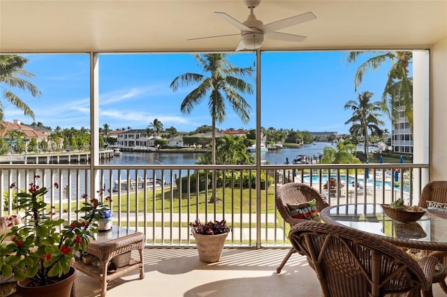 sunroom featuring a water view and a healthy amount of sunlight