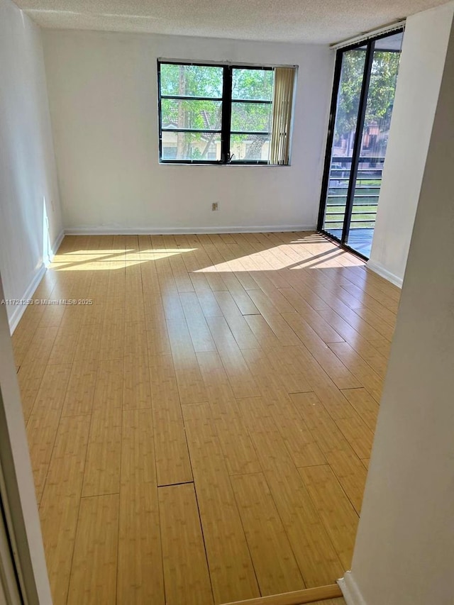 unfurnished room featuring light wood-type flooring, a textured ceiling, and a wall of windows