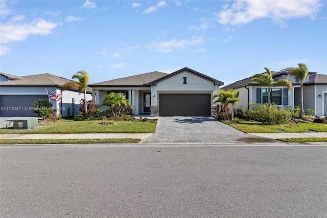 ranch-style house with a front lawn and a garage