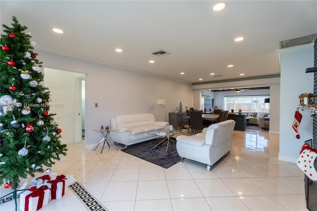 tiled living room with crown molding