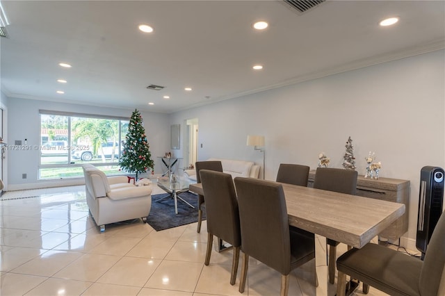 tiled dining space with crown molding