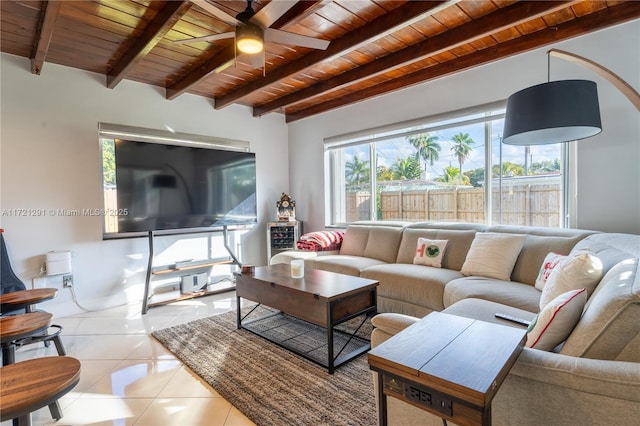 tiled living room with ceiling fan, beamed ceiling, and wooden ceiling