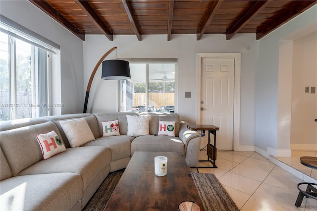 tiled living room with beam ceiling and wooden ceiling