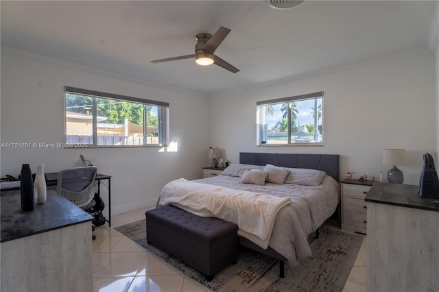 bedroom with multiple windows, ceiling fan, crown molding, and light tile patterned flooring