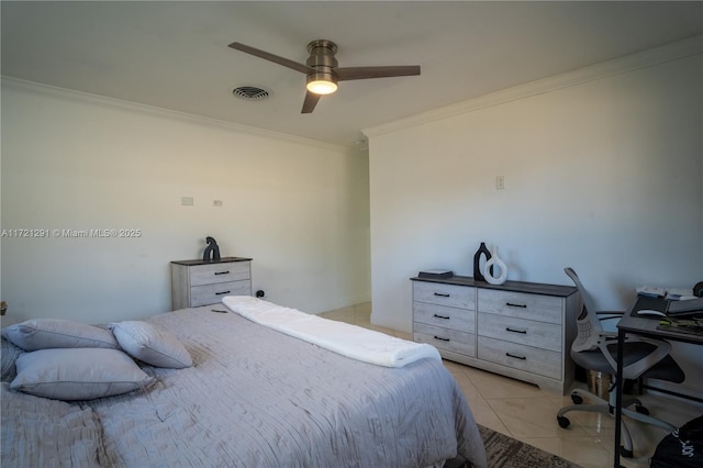 tiled bedroom with ceiling fan and crown molding