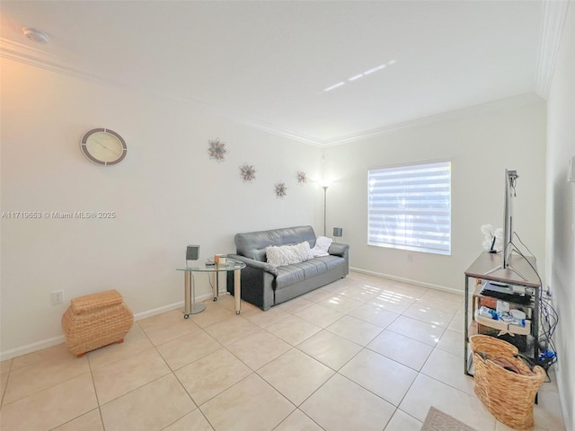 tiled living room with ornamental molding