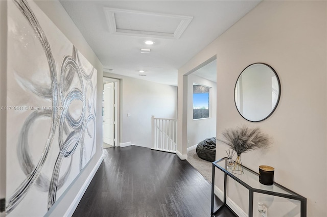 hallway with dark hardwood / wood-style floors