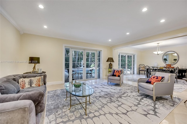 living room featuring ornamental molding and french doors