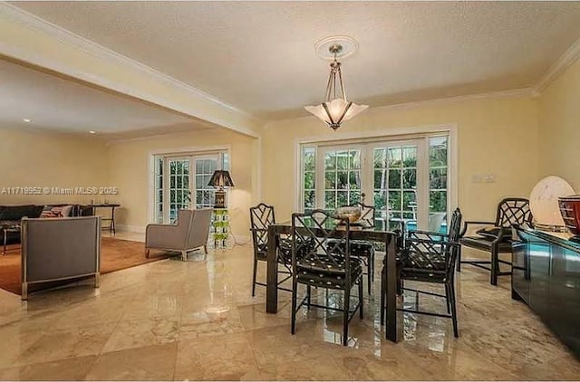 dining area with french doors, crown molding, and a textured ceiling