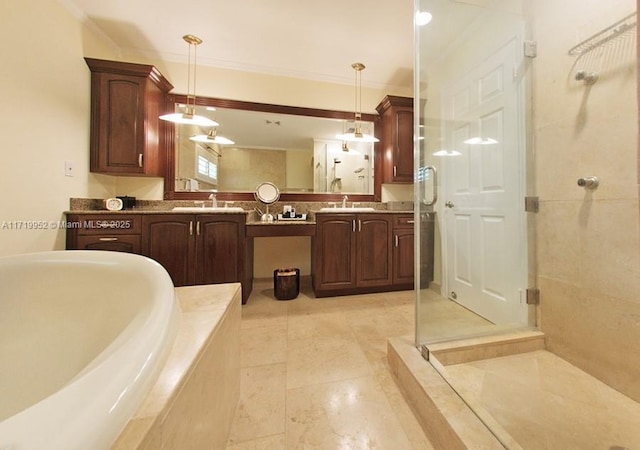 bathroom featuring plus walk in shower, ornamental molding, and vanity