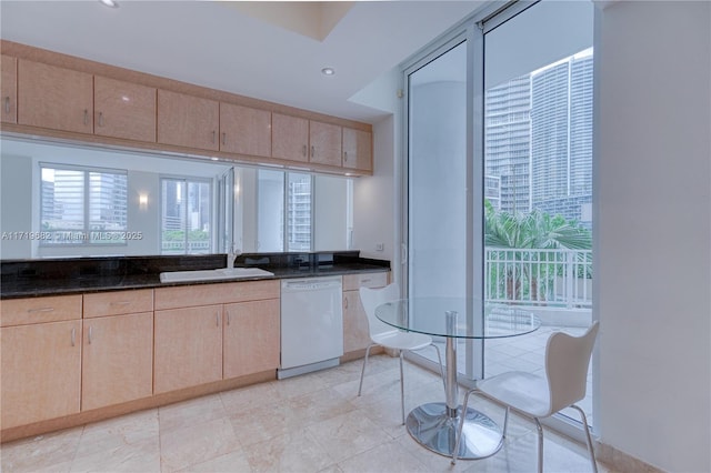 kitchen featuring dishwasher, light brown cabinetry, a sink, and a wealth of natural light