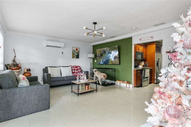 tiled living room featuring ornamental molding, a wall mounted air conditioner, and an inviting chandelier