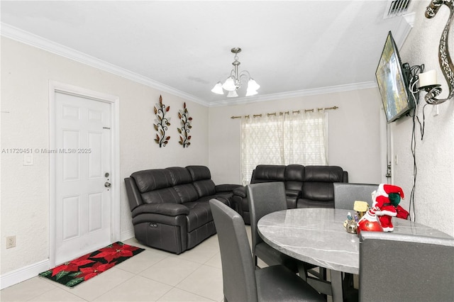 tiled dining space with a notable chandelier and ornamental molding