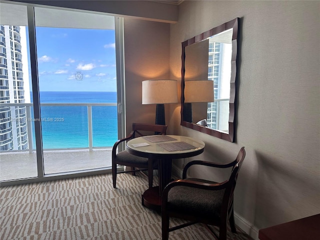 dining room with carpet floors, a water view, and a healthy amount of sunlight