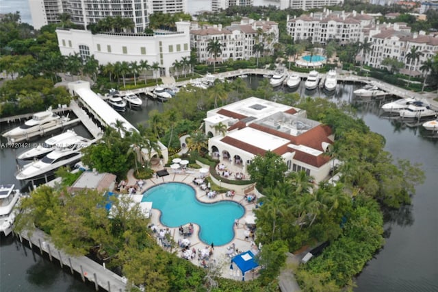 aerial view featuring a water view