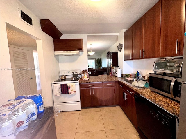 kitchen with white electric range oven, dark stone counters, dishwasher, and light tile patterned flooring