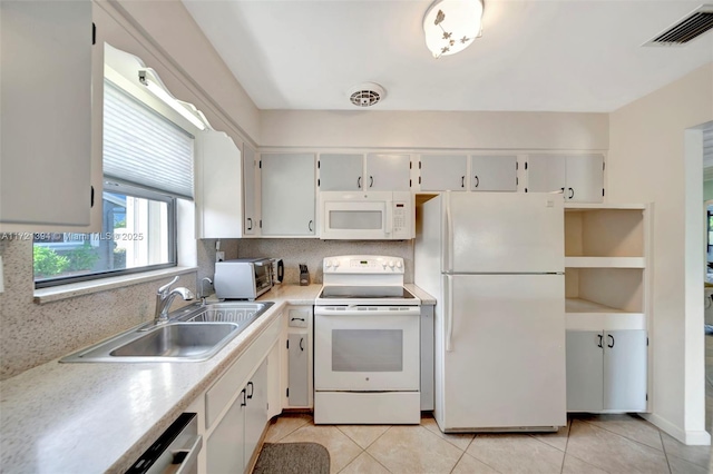 kitchen featuring white cabinetry, sink, white appliances, and decorative backsplash