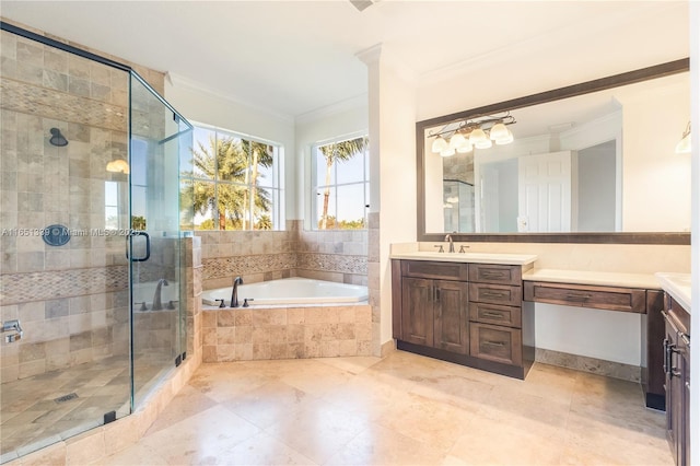 full bathroom with a stall shower, a garden tub, crown molding, and vanity