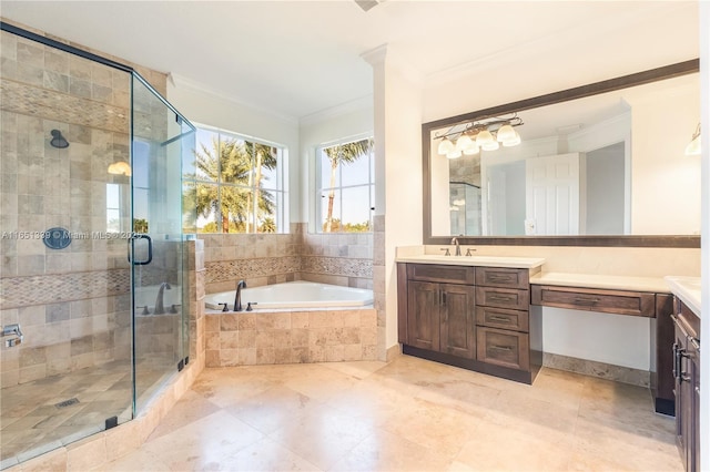14403 S Jockey Cir S, Davie, FL 33330 - bathroom featuring crown molding, vanity, a garden tub, a shower stall, and tile patterned flooring