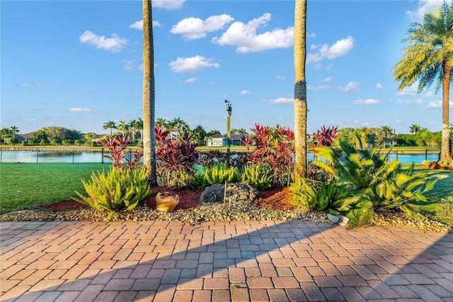 view of property's community with a water view and a lawn