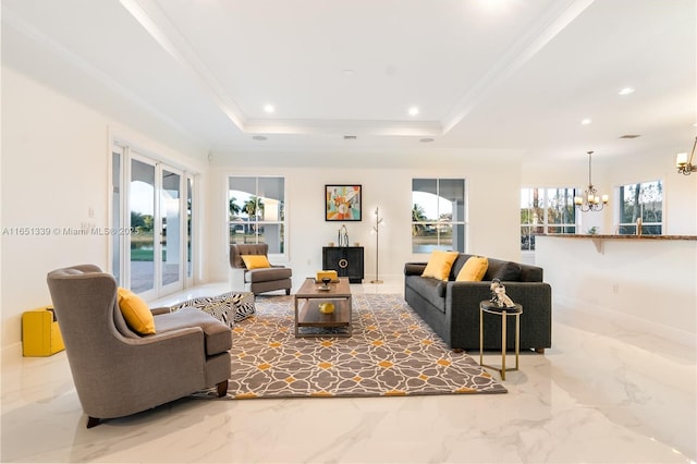 living area featuring recessed lighting, a notable chandelier, marble finish floor, a raised ceiling, and crown molding