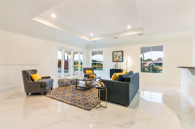 14403 S Jockey Cir S, Davie, FL 33330 - living room with a tray ceiling, french doors, marble tiled floors, healthy amount of natural light, and recessed lighting