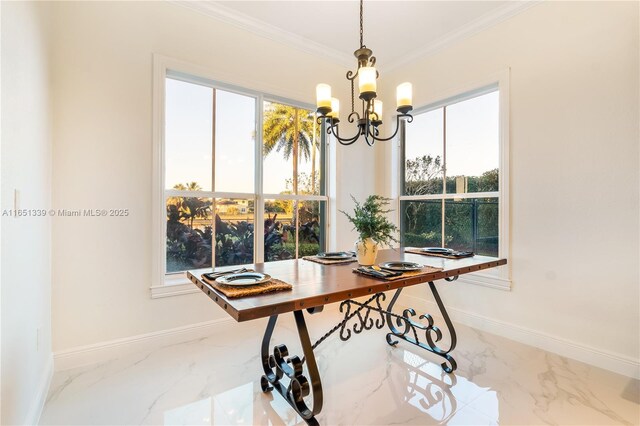 14403 S Jockey Cir S, Davie, FL 33330 - dining space featuring a chandelier, marble tiled flooring, an office area, and crown molding