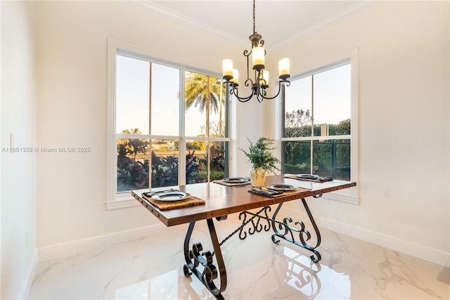 office featuring marble finish floor, baseboards, ornamental molding, and a notable chandelier