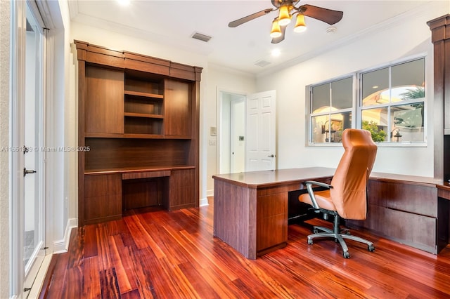 14403 S Jockey Cir S, Davie, FL 33330 - office space with dark wood-style floors, ceiling fan, and crown molding
