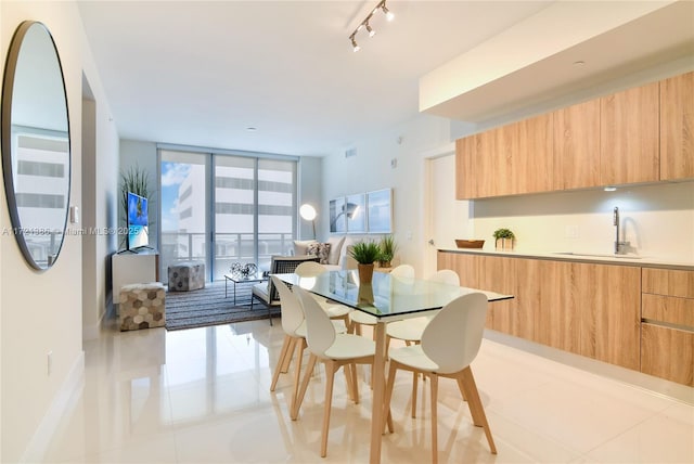 dining room with expansive windows, light tile patterned floors, and sink