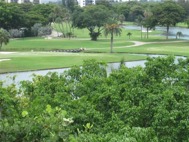 view of property's community with a lawn and a water view