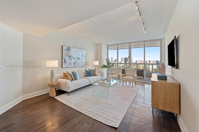 living room featuring hardwood / wood-style floors, expansive windows, and rail lighting