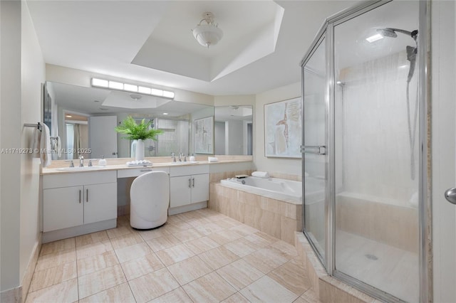 bathroom featuring separate shower and tub, tile patterned flooring, and vanity