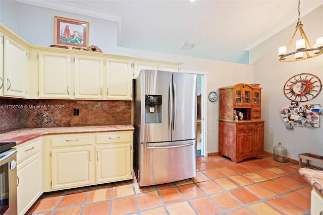 kitchen with decorative backsplash, stainless steel refrigerator with ice dispenser, pendant lighting, a notable chandelier, and cream cabinetry