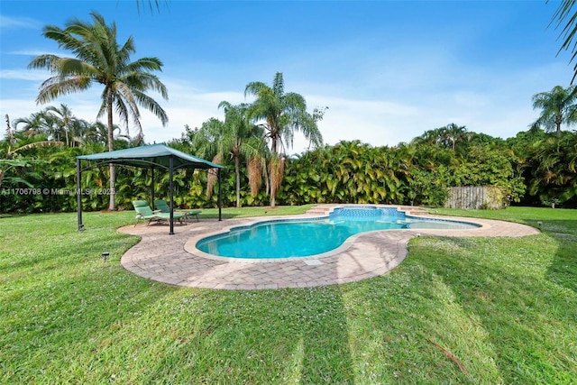 view of swimming pool with a gazebo, a yard, and a patio