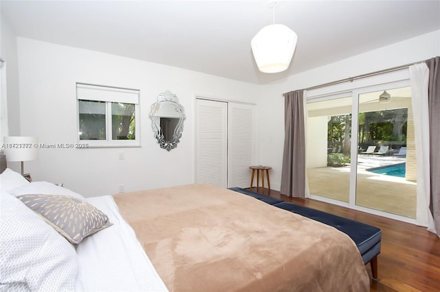 bedroom featuring dark hardwood / wood-style flooring, multiple windows, access to outside, and a closet