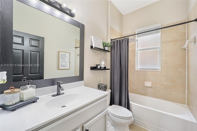 full bathroom with shower / bath combination with curtain, toilet, and vanity