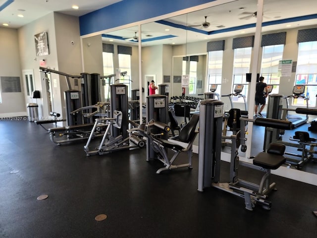 gym featuring ceiling fan