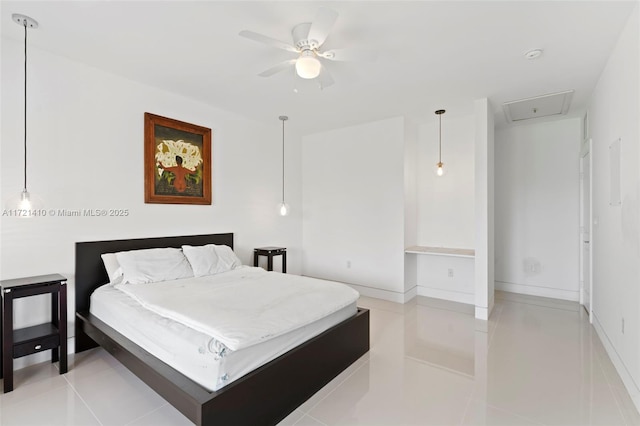 tiled bedroom with ceiling fan