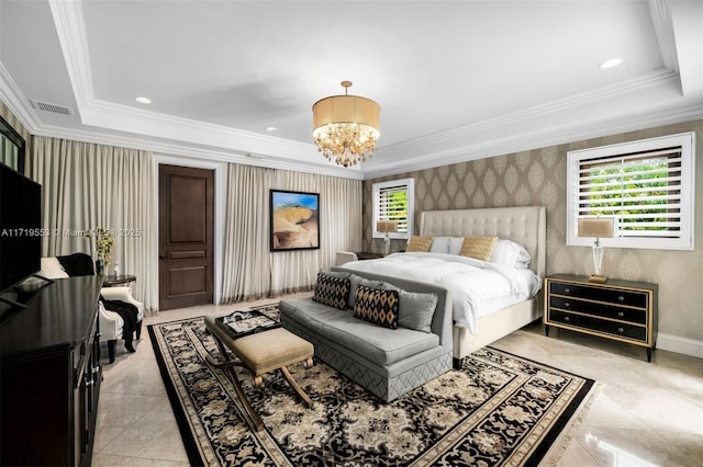 bedroom featuring crown molding, a raised ceiling, and an inviting chandelier