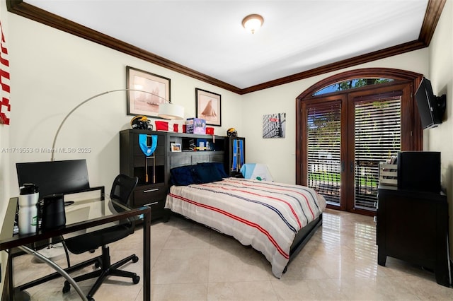 bedroom with light tile patterned floors, access to exterior, and crown molding