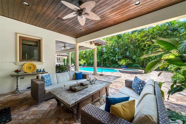 view of patio with a pool with hot tub, an outdoor hangout area, and ceiling fan