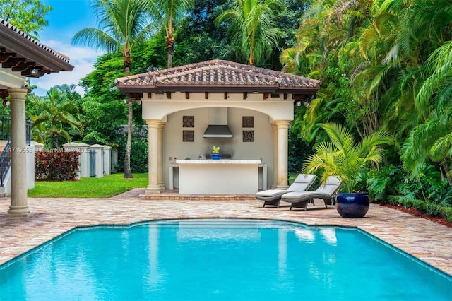 view of swimming pool featuring an outdoor bar and a patio area