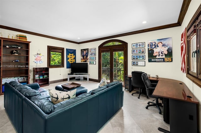 tiled living room featuring a wealth of natural light, ornamental molding, and french doors