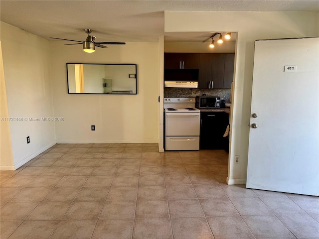 kitchen with white electric stove, a ceiling fan, stainless steel microwave, under cabinet range hood, and backsplash