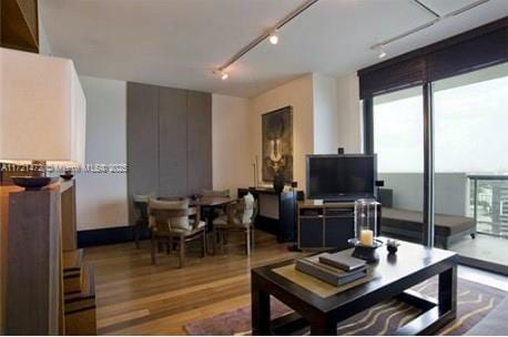 living room with hardwood / wood-style floors, expansive windows, and track lighting