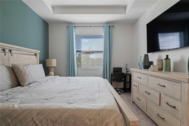 bedroom with a tray ceiling and light colored carpet